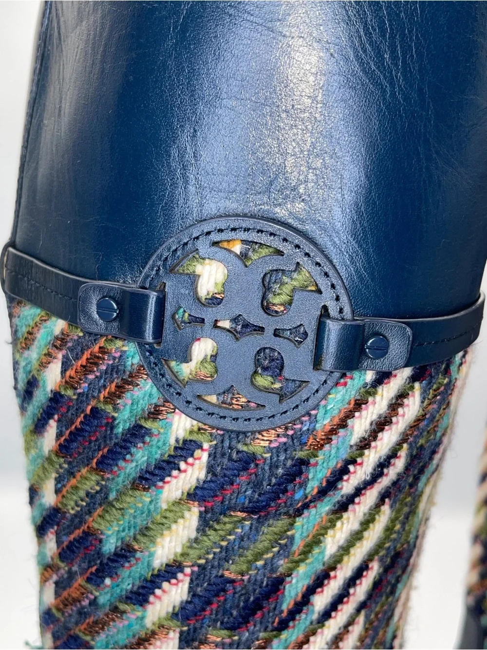 Tory Burch Navy Leather & Multicolor Knit Tall Boots